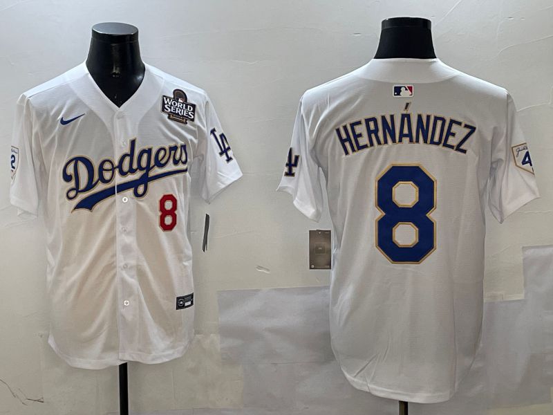 Men Los Angeles Dodgers 8 Hernandez White Gold Game 2025 Nike MLB Jersey style 3132